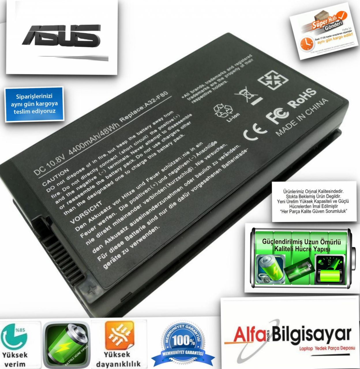 Asus F50, F50S, F50Sv, F80, F80Q, F80S, F81, F81S, F81Se, F83, F83Se, F83Vf, X61S, X81S, X82Q, X82S, X85 Batarya, Asus A32-F80, A32-F80A, A32-F80H Pil