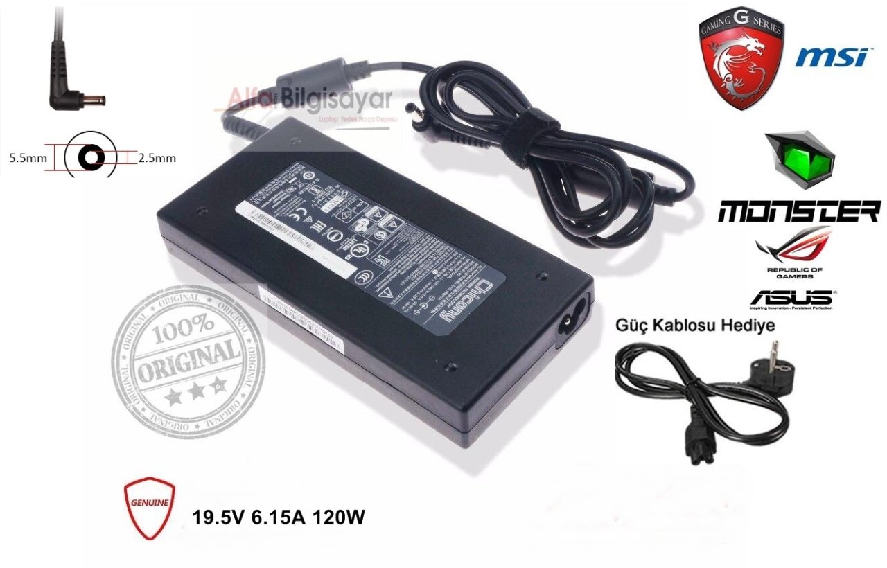 Monster Abra A5 A7 Tulpar Excalibur Orijinal Chicony 19.5V 6.15A 120w  Adaptor Şarj Aleti A15-120P1A