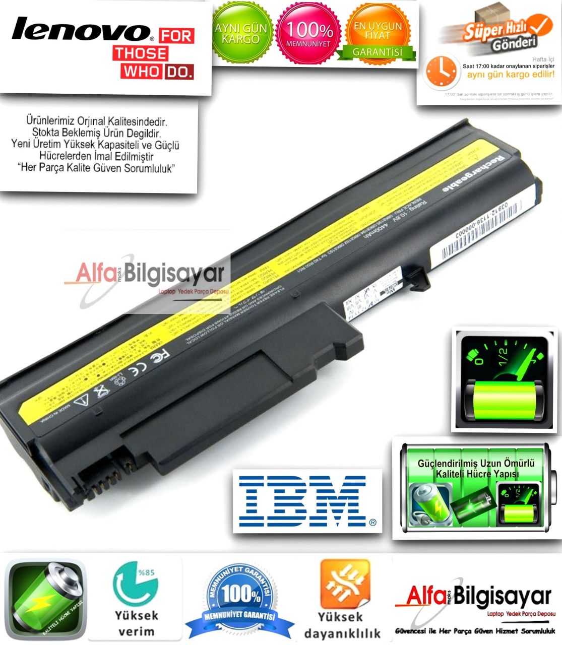 IBM Thinkpad T40 T40P T41 T42 T42P  T43 R50 R51 R51E R51P Battery 8K8192, 88P5628, 92P1072, 92P1088, 92P1101, 92P5002, 93P5003 olan ve IBM ThinkPad R50, R50e, R51, R52, T40, T41, T42, T42p, T43, T43p