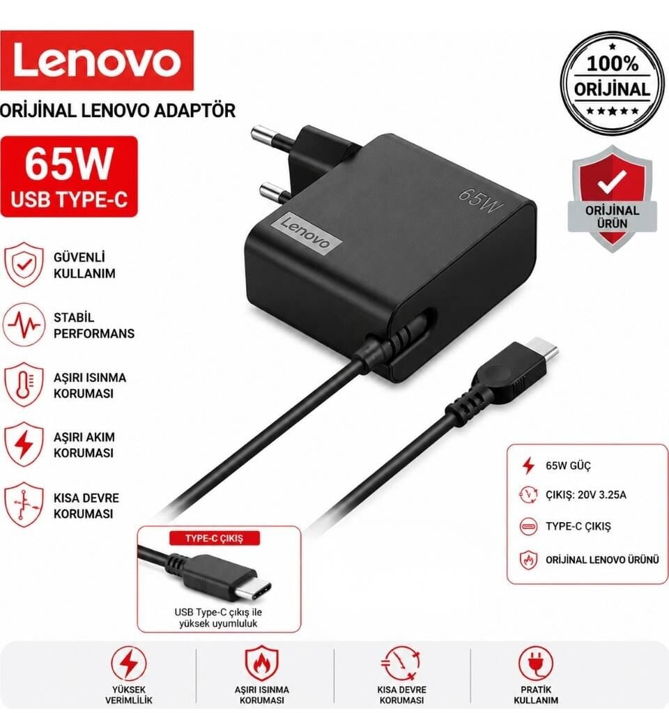 Orjinal ADLX65ULGE2A  Lenovo 20v 3.25a 65W Usb Type-C ADLX65YCC3D ADLX65YDC3D ADLX65YLC3D ADLX65YAC3A ADLX65YAC3D ADLX65YCC2A ADLX65YLC2A ADLX65YCC3A ADLX65YAC2A ADLX65CDGK2A DLX65YLC3A,01FR024 PA-1650-46,SA10M13945 GX21L58555 Adaptör Şarj Aleti Cihazı
