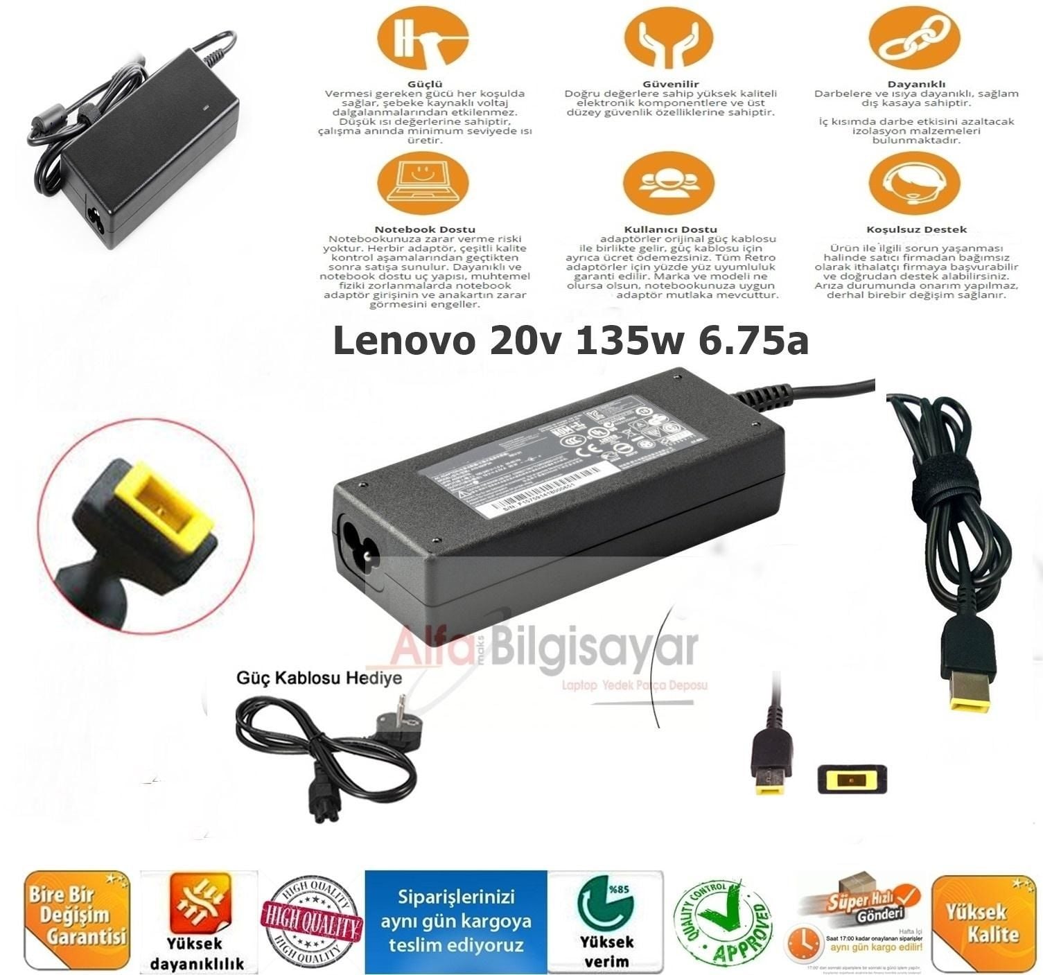 Lenovo 20v 6.75a 135w Dikdörtgen Pinli Uç Usb Tip Adaptör Şarj Cihazı 135w ADL135NLC3A,  ADL135NDC3A Adl135ndc2a, Adl135ndc3a, Adl135nlc2a, 45N0361 Adl135nlc3a ADL135SLC3A ADL135SCC3A ADL135SDC3A pa-1121-72