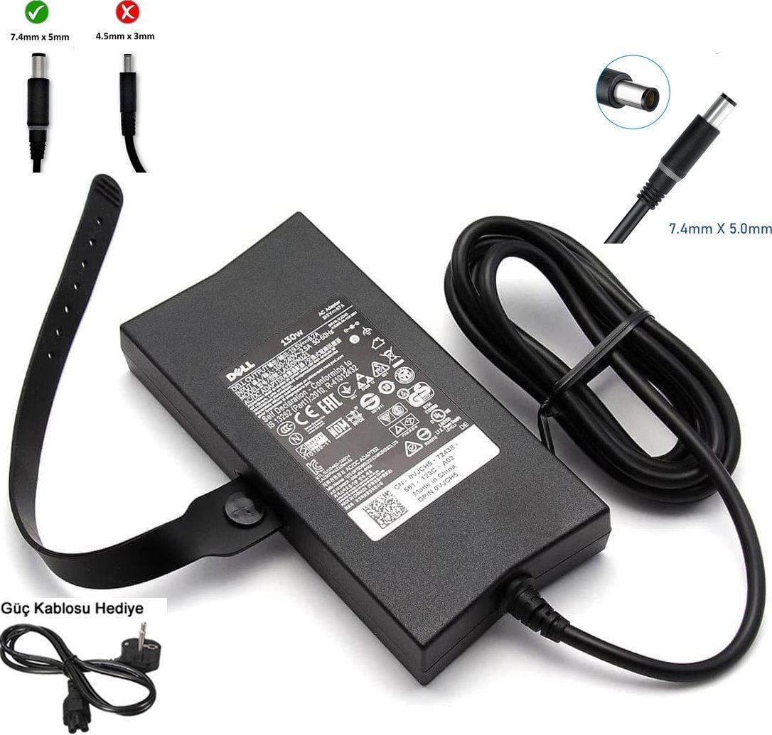 Dell 130W, 19.5V 6.7A LA130PM190, 0GYWCG, 19.5V 6.7A PA-4E DA130PE1-00 LA130PM121 7.4mm x 5.0mm, Kalın uç Orjinal Adaptör FA130PE1-00, DA130PE1-00